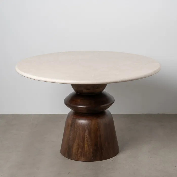 Table 120x120 marbre créma royal et bois